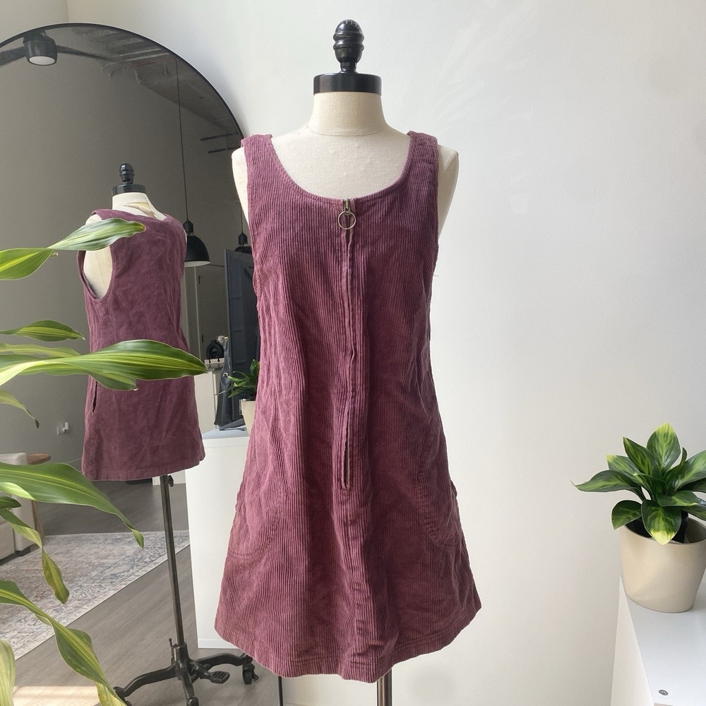 Joni Blair Wine Red Maroon Full Zip Corduroy Overall Dress Women's Medium Pocket